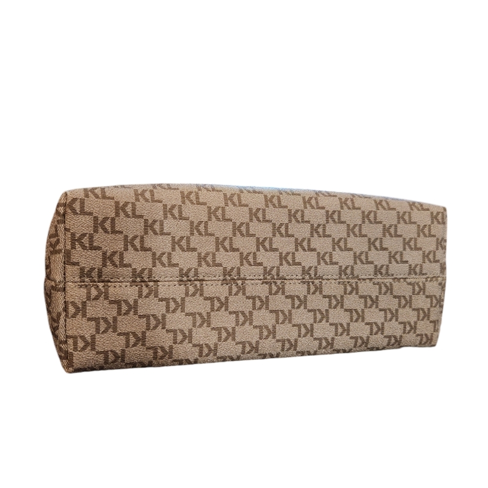 Karl Lagerfeld Leather Beige Monogrammed with White Trim Hand bag Crossbody NWT - Picture 8 of 11